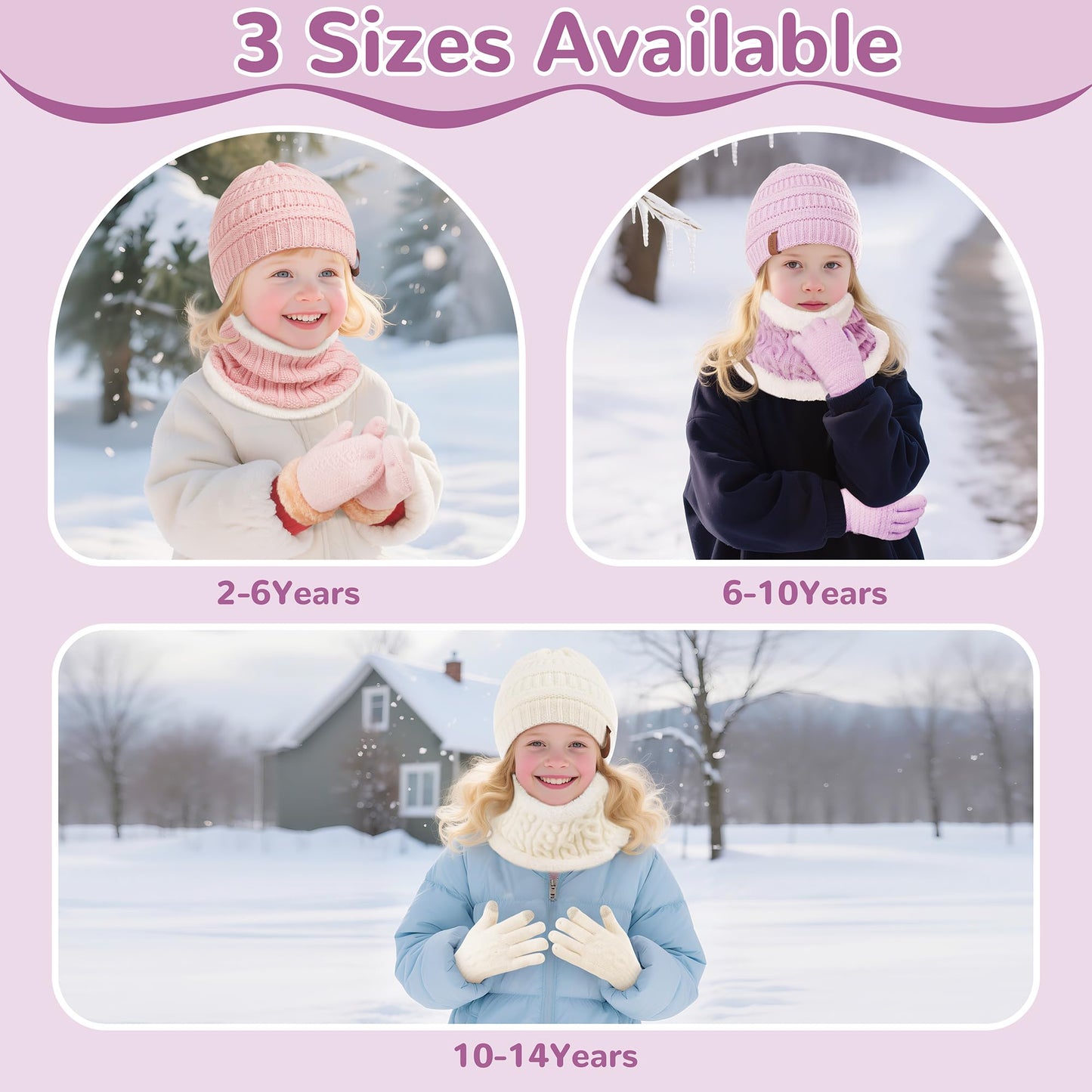 Girls Winter Hat Scarf Gloves Set for Cold Weather, Kids Beanie Hat Infinity Scarf Knitted Gloves Sets White Knit Thick Warm Fleece Lined Thermal Set for 6-10 Years Old Boy Baby Toddler Children