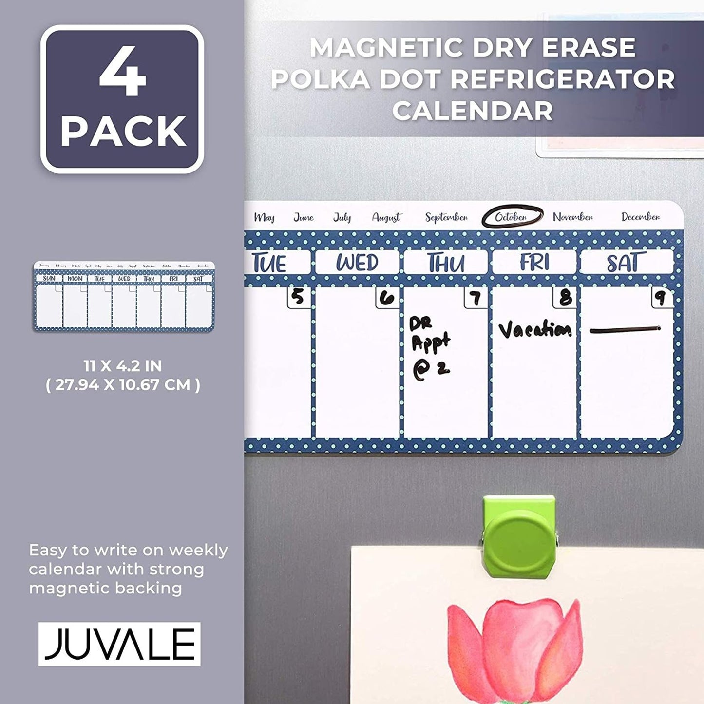 Juvale Magnetic Fridge Calendar, Dry Erase (11 x 4.2 Inch, 4 Pack) - Magnetic Calendar for Refrigerator
