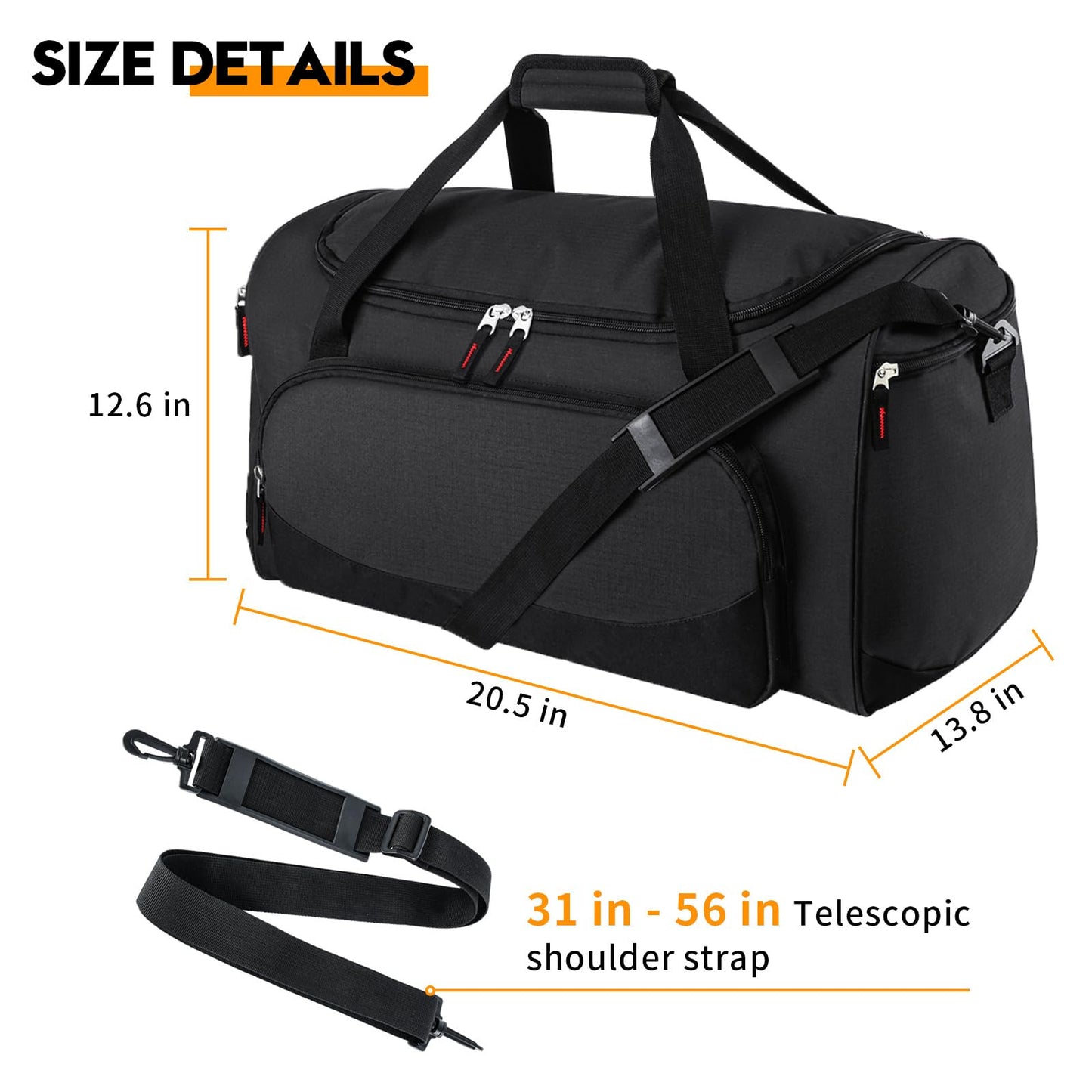 Gym Bag for Men - 55L Black Durable Large Duffle Bag for Travel, Workout, Fitness & Sport