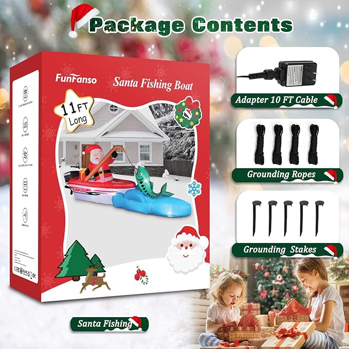 FunFanso 11FT Christmas Inflatable Santa Claus Fishing on The Boat, Blow up Outdoor Decorations with Built-in Bright LED Lights, Vibrant Xmas Festival Decor for Lawn Yard Garden Holiday Party Porch