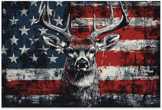 Yesad American Flag Deer Canvas Wall Art, Animal Head Rustic Wall Décor Christmas Paintings Pictures Nature Artwork Modern Poster for Farmhouse, Living Room, Bedroom, Office (Unframed,36”x24”,Deer1)