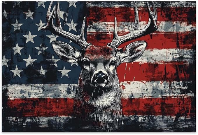 Yesad American Flag Deer Canvas Wall Art, Animal Head Rustic Wall Décor Christmas Paintings Pictures Nature Artwork Modern Poster for Farmhouse, Living Room, Bedroom, Office (Unframed,30”x20”,Deer1)