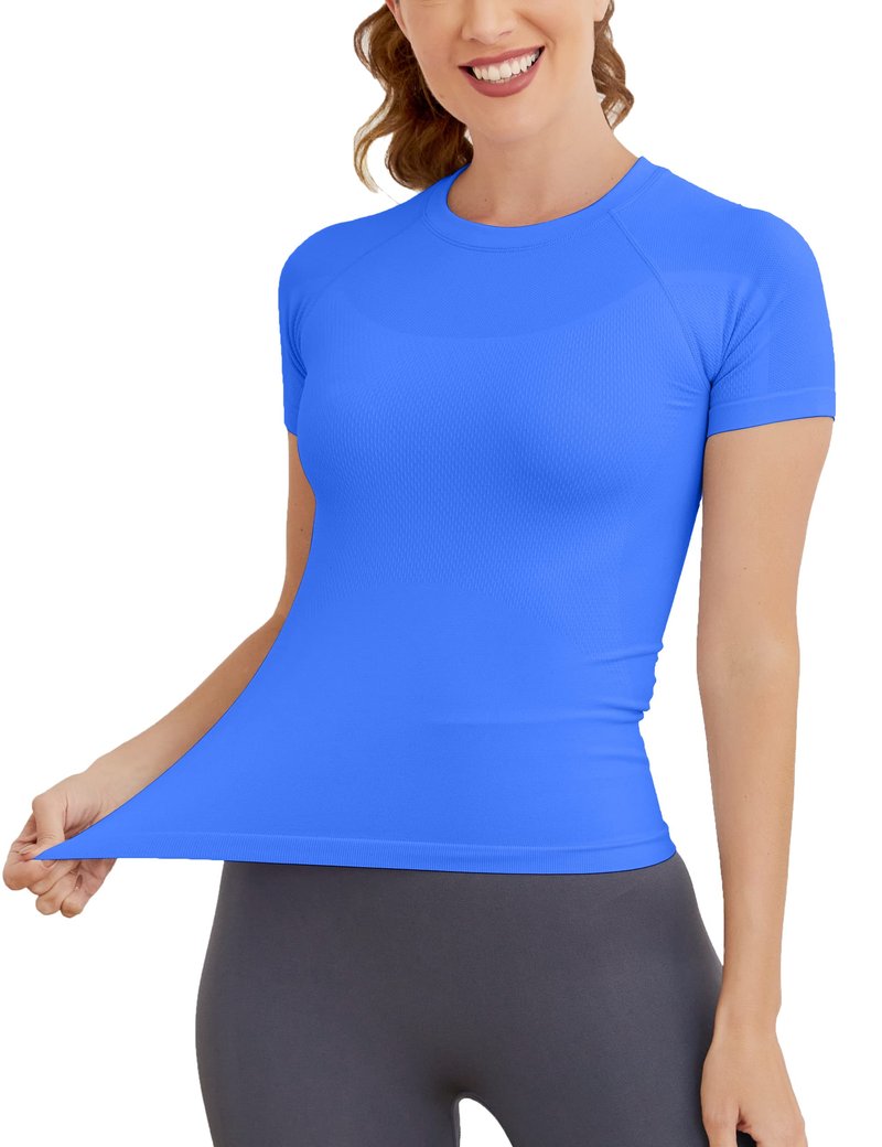 MathCat Short Sleeve Workout Tops for Women, Seamless Women's Compression Shirt, Yoga Running Athletic Shirts Soft Gym Tops Lakeblue