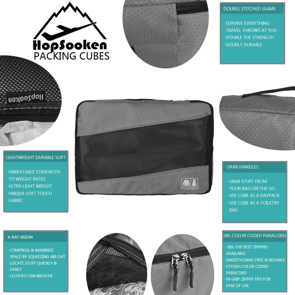 5pc Packing Cubes Set Large Travel Luggage Organizer 4 Cubes 1 Laundry Pouch Bag - Grey - Medium