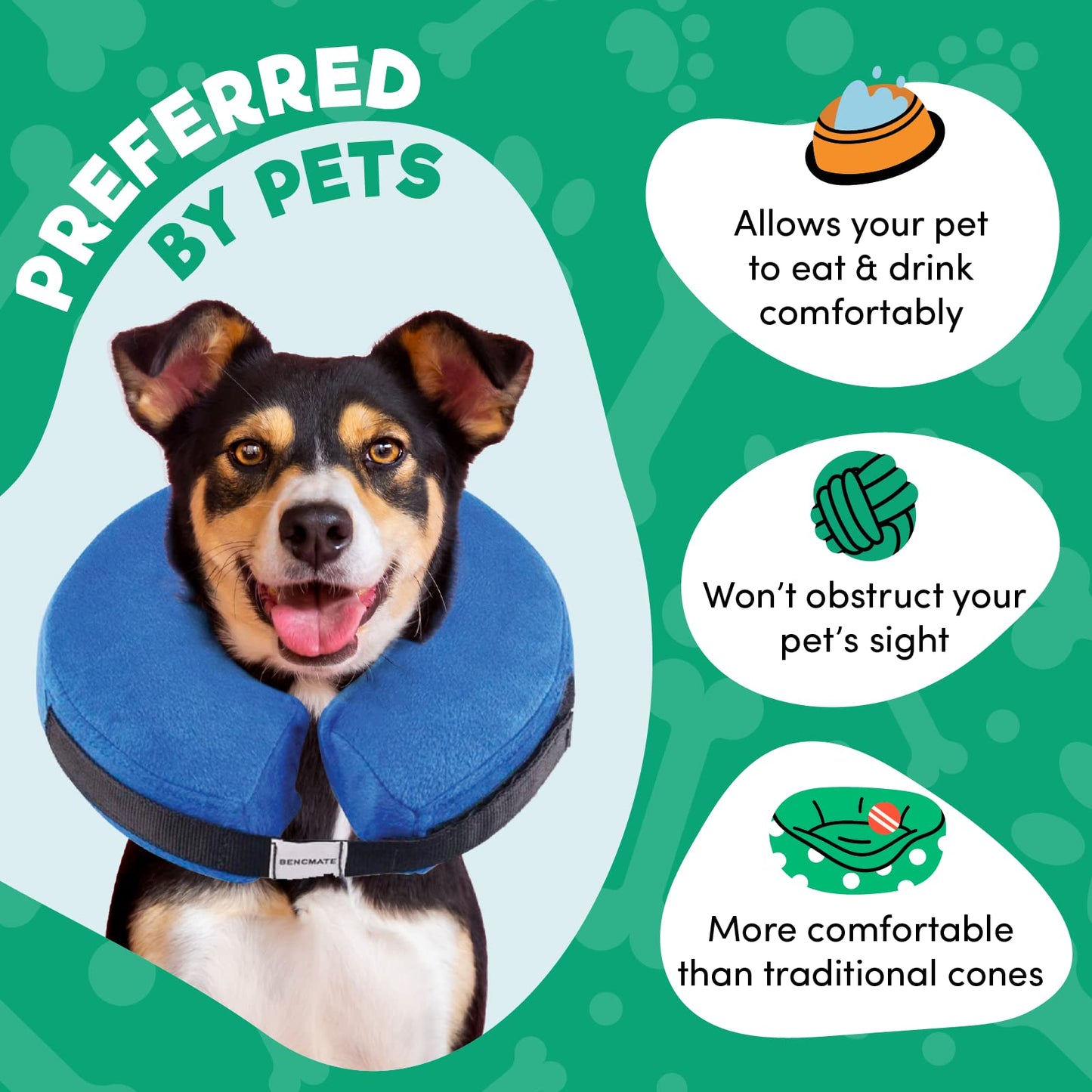 BENCMATE Protective Inflatable Collar for Dogs and Cats - Soft Pet Dog Cone Recovery Collar Does Not Block Vision E-Collar(Medium, Blue)