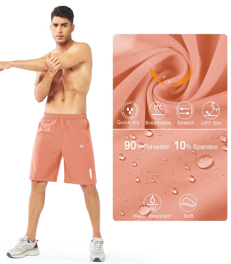 NORTHYARD Men's Athletic Running Shorts Gym Workout 7"/9"/5" Quick Dry Lightweight Sports Basketball Tennis 3 Zipper Pockets PINKORANGE-9inch 3XL