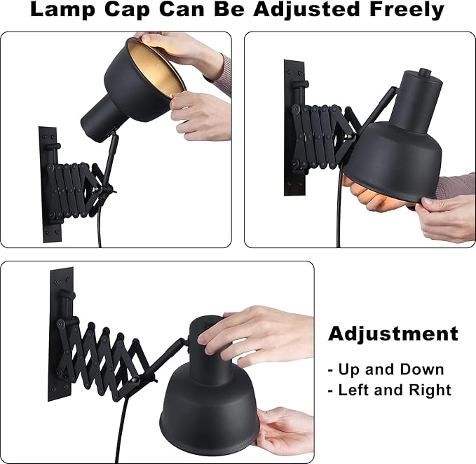 COSYLUX Industrial Plug in Wall Sconces for Bedroom Bedside, Vintage Extended Swing Arm Wall Lamp with Plug in Cord, Modern Wall Mounted Reading Lighting Fixture for Living Room, Black