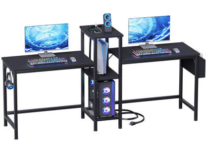 Furologee Double Desk with Power Outlets, 71 Inch Computer Desk with Storage Bag and Headphone Hooks, Gaming Desk Study Writing Table for Home Office, Black