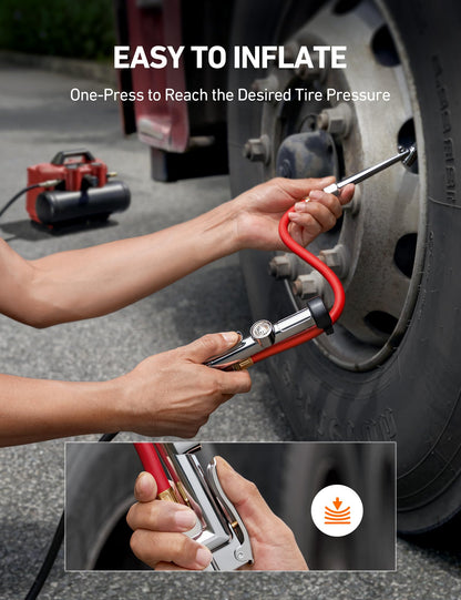 AstroAI 25.6'' Heavy-Duty Tire Pressure Gauge with Inflator, Dual Head Chuck ANSI B40.1 Accurate Tire Inflator with Pressure Gauge, 10-120PSI, Compatible with 1/4" NPT Air Compressor