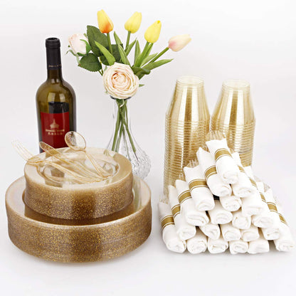 DaYammi 350 Pieces Gold Glitter Dinnerware Set 50 Guest for Party- 50 Dinner Plates, 50 Dessert Plates -50 Per Rolled Napkins with Gold Cutlery - 50 Disposable Cups 9 OZ