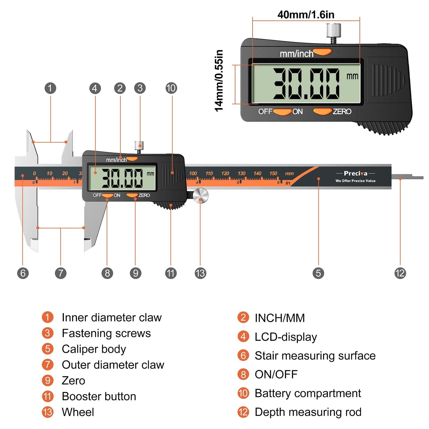 Digital Vernier Caliper, Preciva 150mm Electronic Micrometer Calipers, Measuring Tools Gauge with Mm/Inch Conversion High Precision