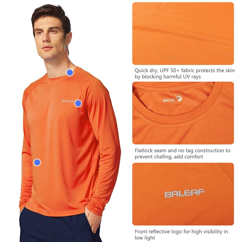 baleaf Mens UPF 50+ Sun Protection Shirts Long Sleeve Rash Guard, Quick Dry 4-Way Stretch for Fishing Swimming Surfing 01-Orange 2XL