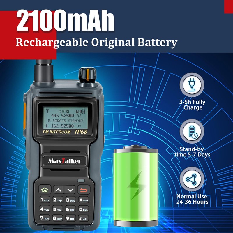 MaxTalker TK-W70 Ham Radio Long Range 5W, Handheld Radio with Programming Cable, Multi-Band Two Way Radio with 2100mAh Battery, IP68 Waterproof Ham Radio