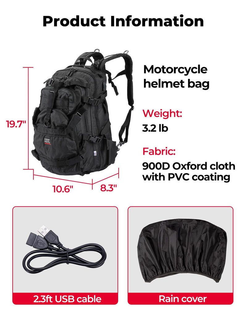 KEMIMOTO Motorcycle Helmet Backpack, 37L Large Capacity Helmet Bag with USB Charging Port, Riding Commuting Backpack for Men