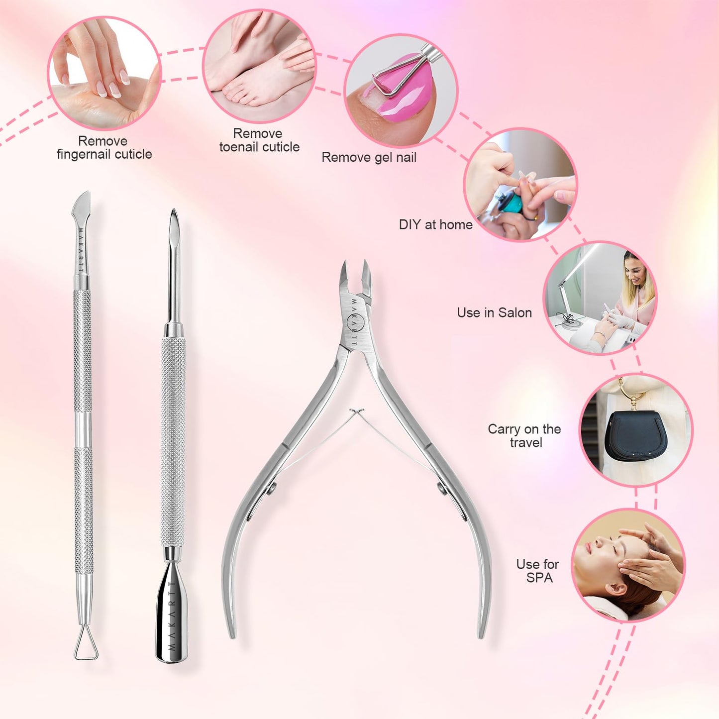Makartt Cuticle Trimmer with Cuticle Pusher, Silver Nail Trimmer Nail Care Manicure and Pedicure Kit with Stainless Steel Cuticle Nipper and Dual End Nail Pushers for Home Salon Use (Pack of 3 PCS)
