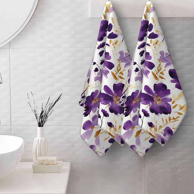 Purple Floral Hand Towels Bathroom Soft Absorbent Purple Flower Decorative Bath Towels Set for Bathroom Gym Spa Home Farmhouse Housewarming Gifts for Women Girls Set of 2, 14"x28"