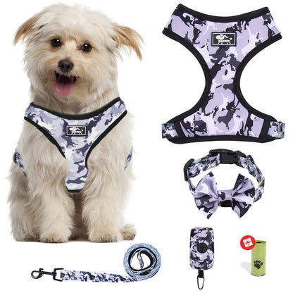 Dog Harness and Leash Set for Small Dogs, Adjustable Reflective No Pull Dog Vest Harness for Puppy with Bow-tie Collar, Leash and Poop Bag (M, Grey Camouflage)