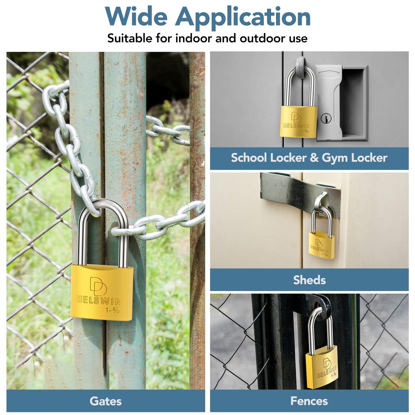 DELSWIN Weatherproof Padlock with Key (Keyed Alike) - Heavy Duty Solid Brass Locker Lock with 1-9/16" Long Shackle, Marine Grade Pad Lock for Outdoor Gate, Fence, Shed (2 Pack)