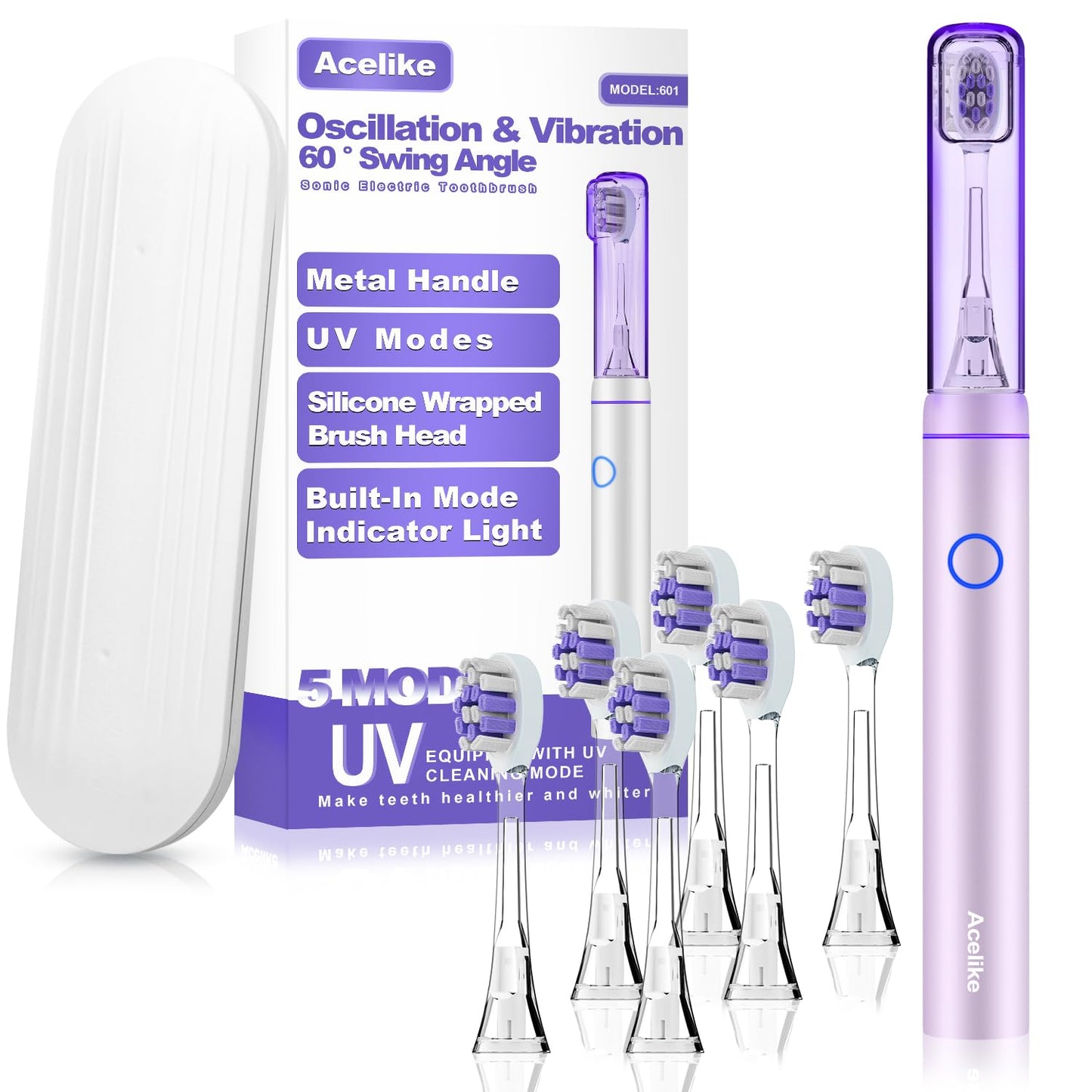 Metal Electric Toothbrush with UV Mode, Vibration and Oscillation Electric Toothbrush for Adults, 6 Brush Heads & Travel Case & Dust Cover, 5 Modes & Built in Timer, One Charge Last 120 Day（Rose）