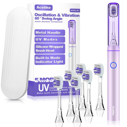 Metal Electric Toothbrush with UV Mode, Vibration and Oscillation Electric Toothbrush for Adults, 6 Brush Heads & Travel Case & Dust Cover, 5 Modes & Built in Timer, One Charge Last 120 Day（Rose）