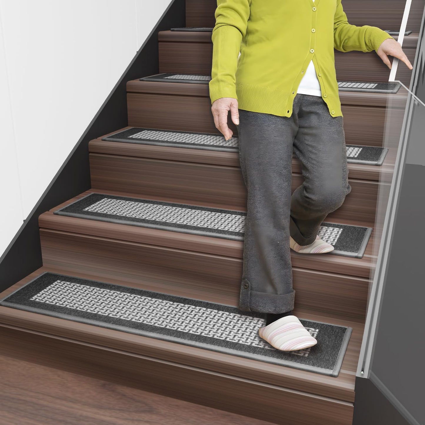 Hargiis Stair Treads for Wooden Steps Non-Slip Carpet, 7 PCS Polyester Indoor Stair Mats with Rubber Backing, No Adhesive, Safety Stair Runners for Kids, The Elderly and Pets (Grey Plaid, 30"x8")