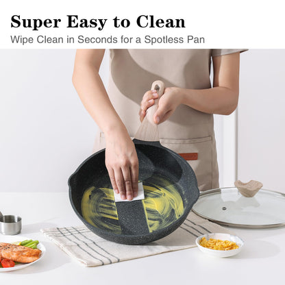 Kordisen Nonstick Frying Pan Set with Lids, 3 Piece Skillet Set, Healthy Induction Cooking Pan, Stay-Cool Handle, Compatible with All Stovetops, PFOA Free (8, 9.5, 11 Inch)