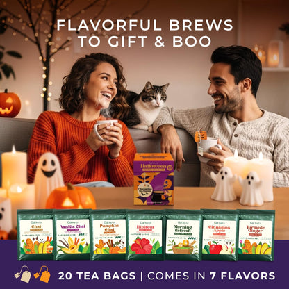 Gya Tea Co Halloween Tea Collection Autumn Tea Variety Pack, Caffeinated & Caffeine Free Holiday Gift Sampler Blends - 7 Flavors, 20 Bags Total - Easy Brew, Natural Quality Ingredients