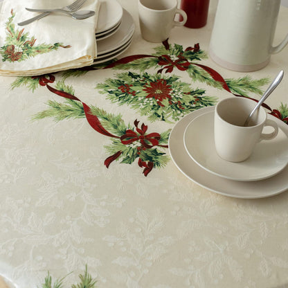 Benson Mills Christmas Ribbons Engineered Printed Fabric Table Cloth, Winter, Holiday and Christmas Tablecloth (70" Round, Xmas Ribbons)