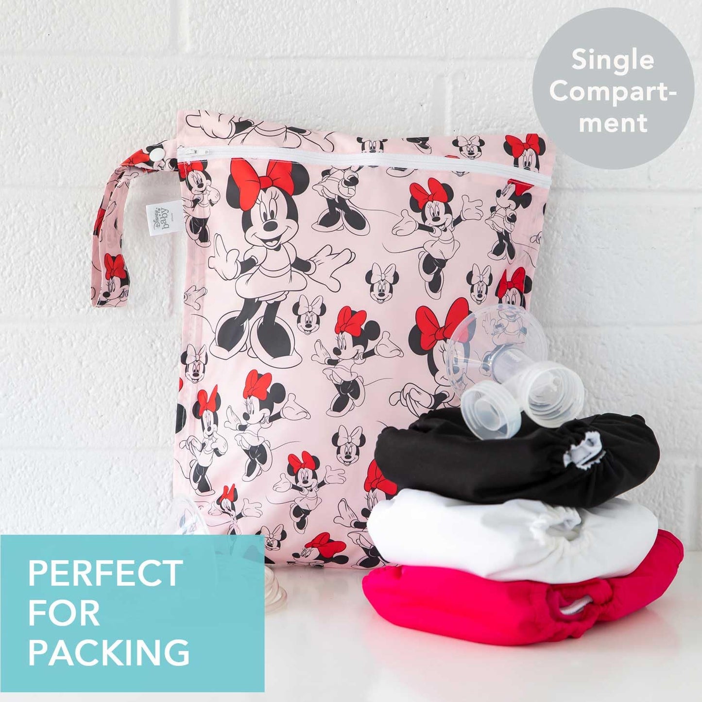 Bumkins Disney Waterproof Wet Bag for Baby, Travel, Swim Suit, Cloth Diapers, Pump Parts, Pool, Beach, Gym Clothes, Toiletry, Hook to Stroller, Daycare, Zip Reusable Wetdry Packing Pouch, Mickey Mouse