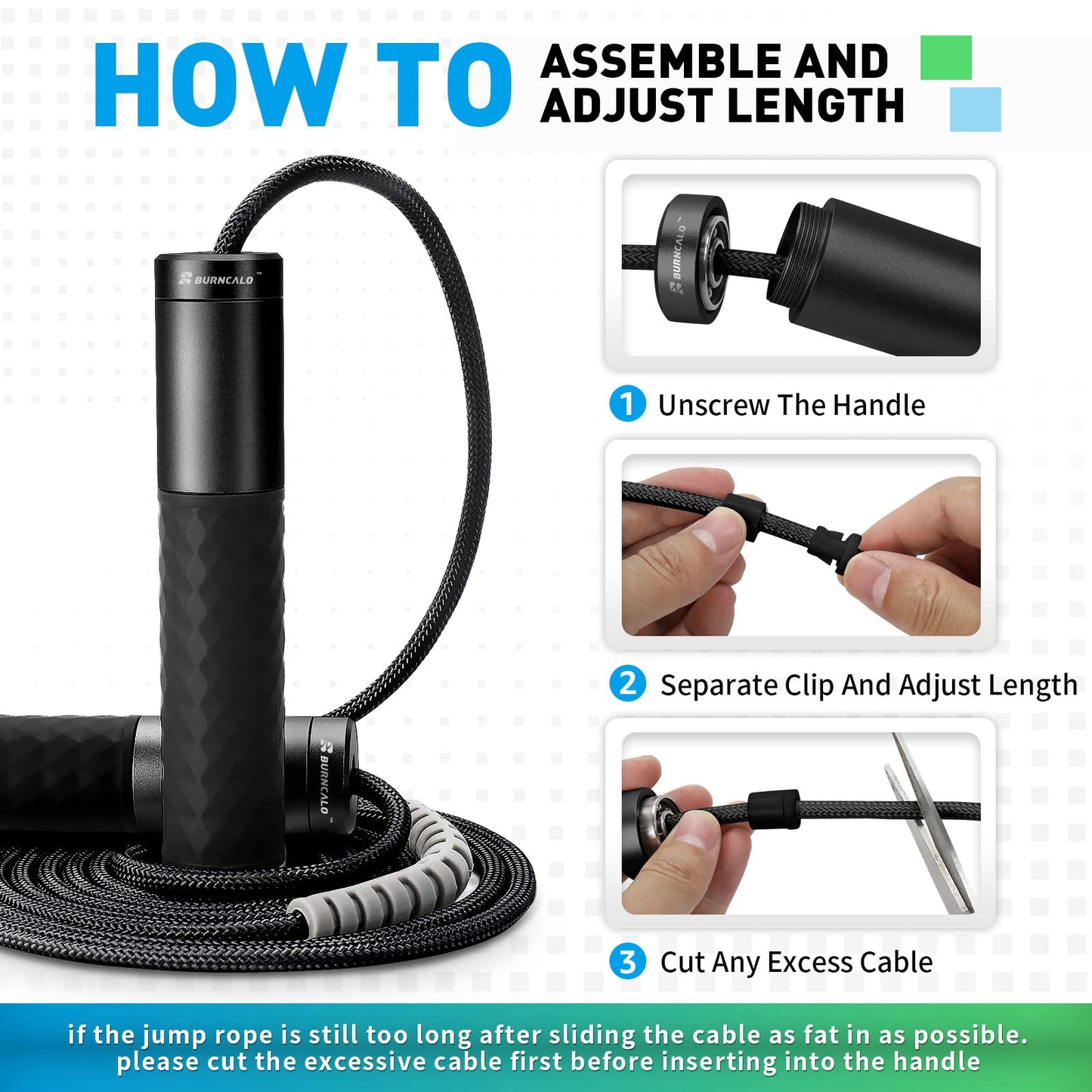 BURNCALO Weighted Jump Rope for Fitness, Skipping Rope for Men Women, Metal Heavy Handles, Ball bearings, Adjustable Length PVC Cord and Cotton Rope, Endurance Training Fitness Exercise Workout