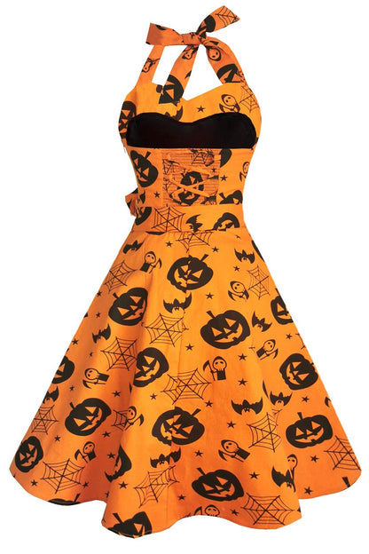 Topdress Women's Vintage Polka Audrey Dress 1950s Halter Retro Cocktail Dress Pumpkin M