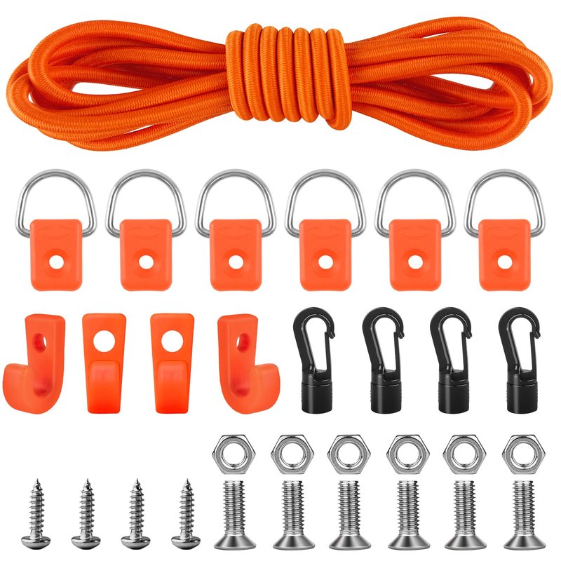 Kayak Deck Rigging Kit 1/4" 9.8' Bungee Cord with 6 D Rings& 4 J Hooks Tie Down Hooks& 4 Bungee Shock Cord Hooks,Tie Down Kayak Deck Line Repair Replacement Parts for Kayak Boat Canoe Accessory-Orange