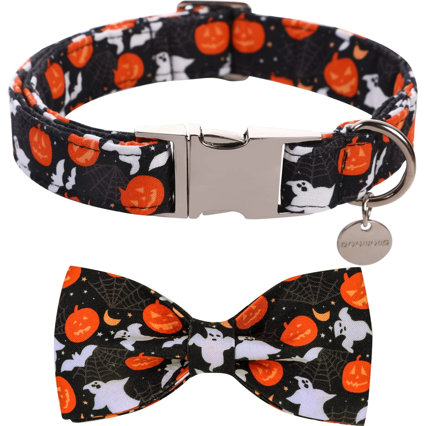 DOGWONG Halloween Black Ghost Dog Collar with Removable Cute Bow Tie Adjustable Pet Collars, Soft Comfy Halloween Themed Pet Collar, Fall Dog Collar for Small Medium Large Dogs