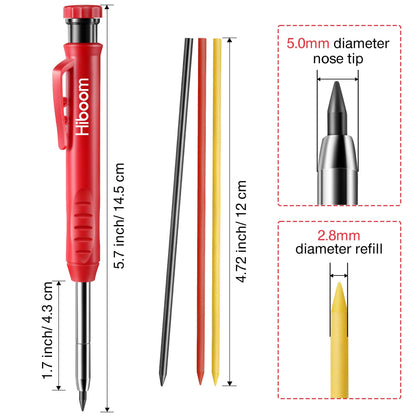 Hiboom 2 Pack Solid Carpenter Pencil with 14 Refill, Long Nosed Deep Hole Mechanical Pencil Marker with Built-in Sharpener for Carpenter Woodworking Architect with Design Patent (Black, Red)