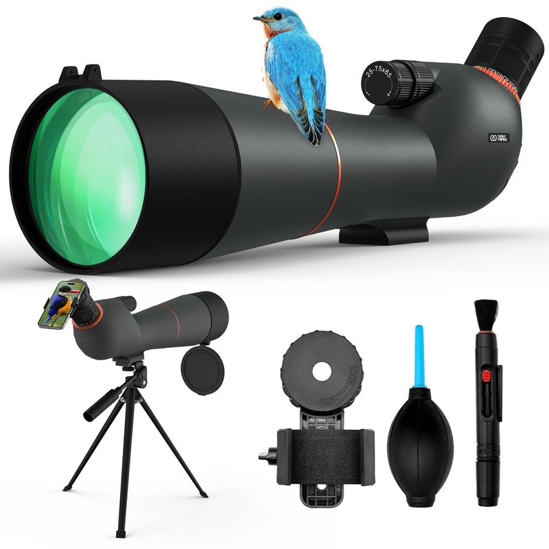 Three Triping Spotting Scope 25-75×85 - Dual Focusing Spotter Scope, with Tripod & Phone Adapter, Ideal for Bird Watching & Wildlife Observing