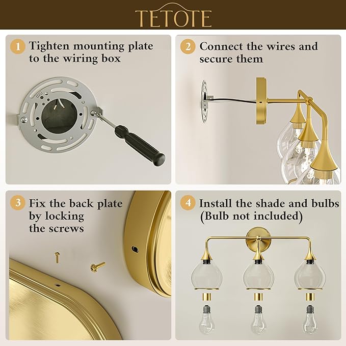 TETOTE 3-Light Modern Bathroom Light Fixtures, 3 Light Vanity Lights Over Mirror Gold Wall Lamp with Clear Glass for Bathroom, Mirror, Living Room, Bedroom, Hallway