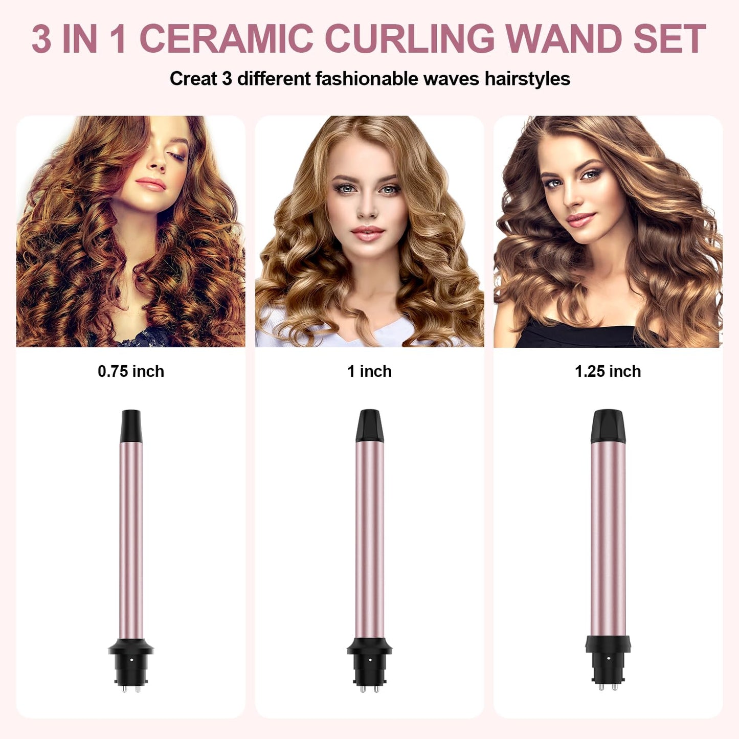 3 in 1 Curling Iron, Curling Wand Set with 3 Interchangable Ceramic Beach Waves Wands(0.75"-1.25"), Dual Voltage 30s Fast Heating with Heat Resistant Glove & 2 Clip for Long/Short All Hairstyle