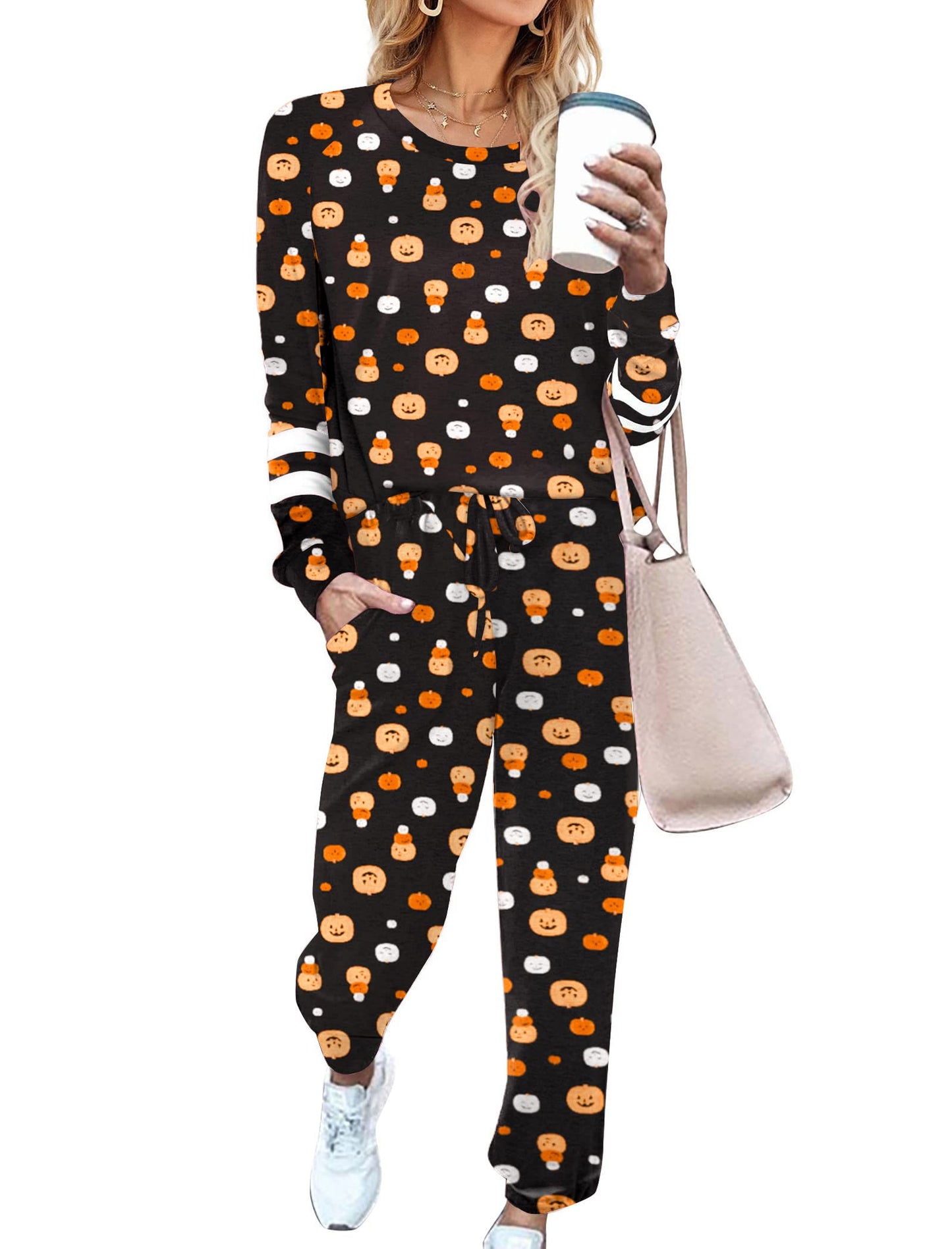 Ekouaer Sweatsuits Womens Loungewear Set Tracksuit Long Sleeve Pajamas Set with Pockets 2 Piece Outfits Lounge Sets Halloween Pumpkin Medium