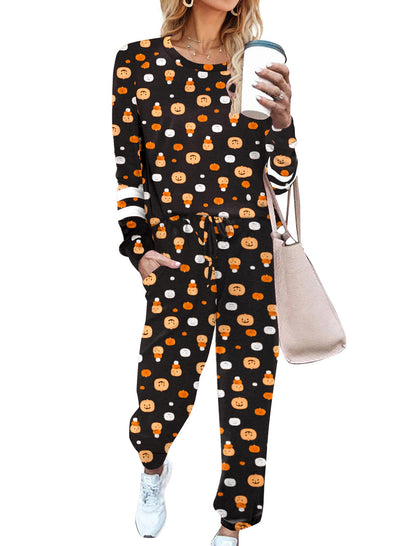 Ekouaer Sweatsuits Womens Loungewear Set Tracksuit Long Sleeve Pajamas Set with Pockets 2 Piece Outfits Lounge Sets Halloween Pumpkin Medium