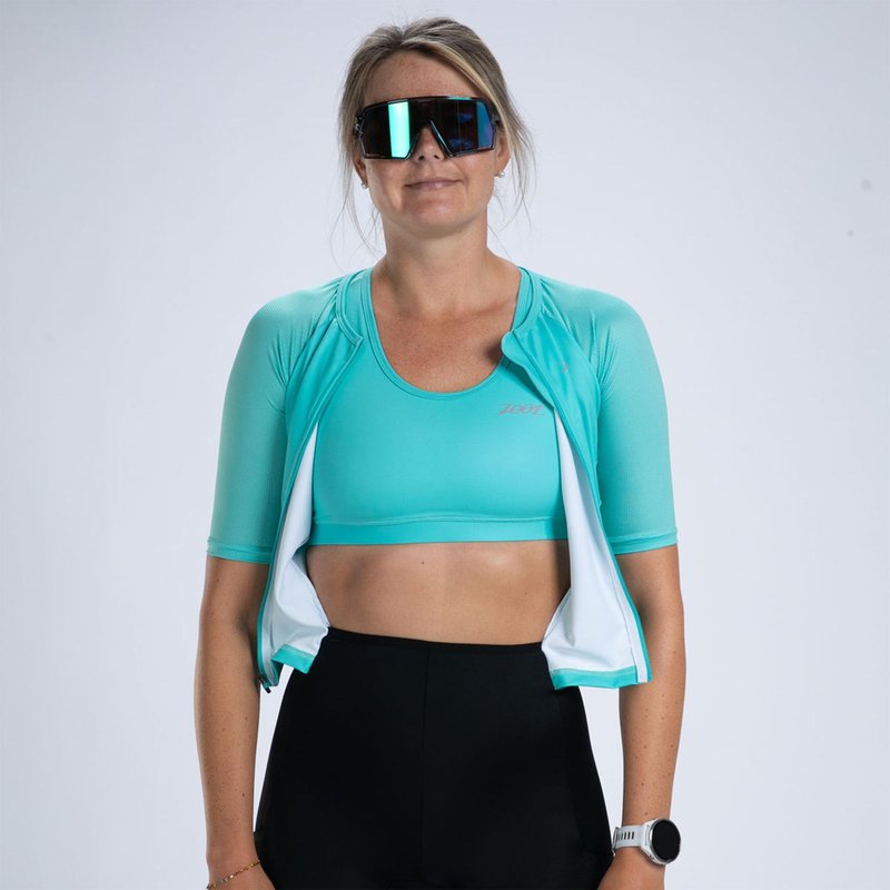 Zoot Women’s Core Tri Aero FZ Racesuit, Short Sleeve Moisture-Wicking Triathlon Suit, Plush Chamois & Race Day Storage - Aqua Blue - X-Small