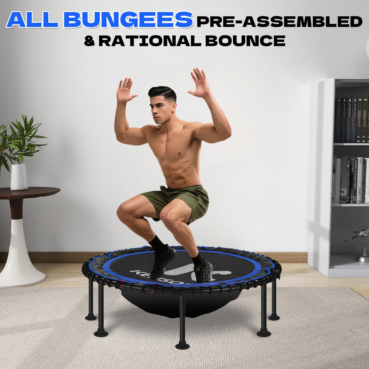 K KENSONE 48" Foldable Rebounder Trampoline for Adults with Bungee, 550 LBS Quiet Indoor Mini Trampoline for Adults Fitness, Gym Workout, Home Exercise, Blue