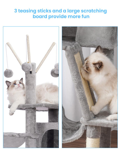 Hey-brother Cat Tree, 53 inch Cat Tower for Indoor Cats, Cat House with Padded Platform Bed, Toy Balls, Large Cozy Condo, Hammocks and Sisal Scratching Posts, Light Gray MPJ019-SW