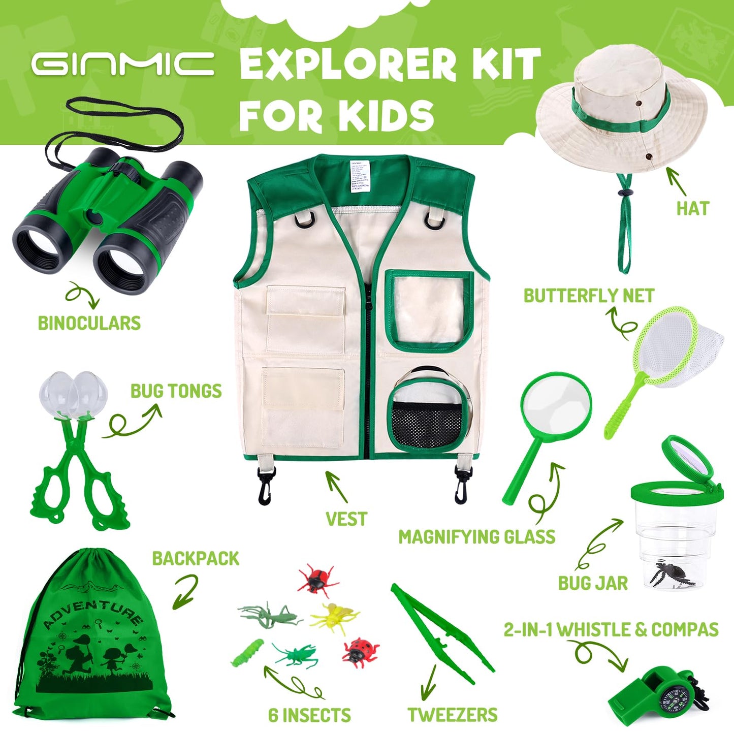GINMIC Kids Explorer Kit & Bug Catching Kit, 16 Pcs Outdoor Exploration Safari Kit for Kids Camping with Binoculars, Adventure, Hunting, Hiking, Educational Toy Gift for 3-12 Years Old Boys Girls