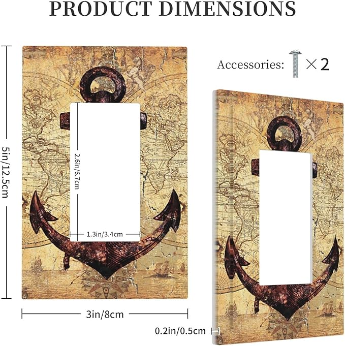 Anchor Nautical Vintage Map Single Rocker Light Switch Covers 1 Gang Outlet Cover Wall Plate Decorative GFCI Switchplate Faceplate for Office Livingroom Home Decor