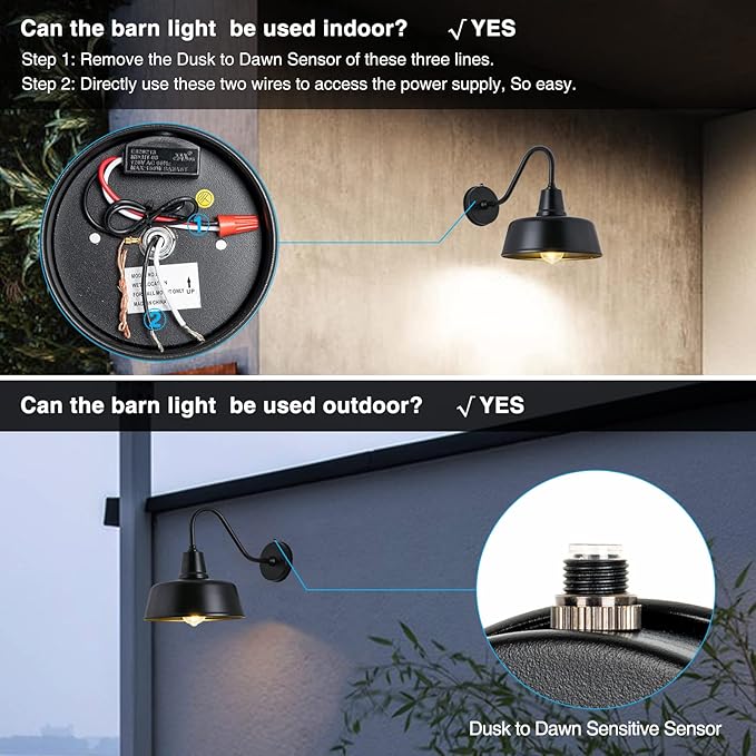 Gooseneck Barn-Lights Outdoor Fixture - 11 inch Farm Style Black Large Lighting Farmhouse Exterior Sconce Wall Light for House, Dusk to Dawn Sensor Front Door Porch Garage (11 inch)