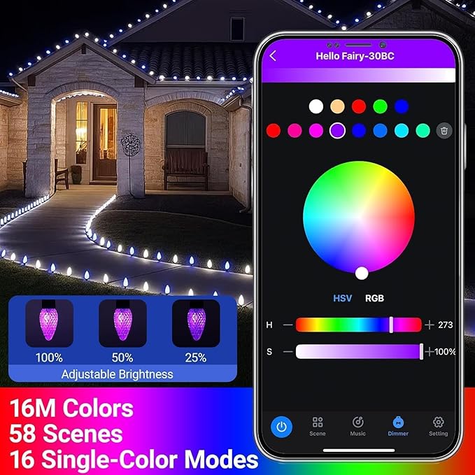 C9 Christmas Lights Outdoor , 148FT 200 LED RGB Color Changing Bulbs,App Bluetooth Music Sync, DIY Scenes & Timers, Connectable to 198FT, IP44 Waterproof Roofline Eaves Porch Fence Decorations