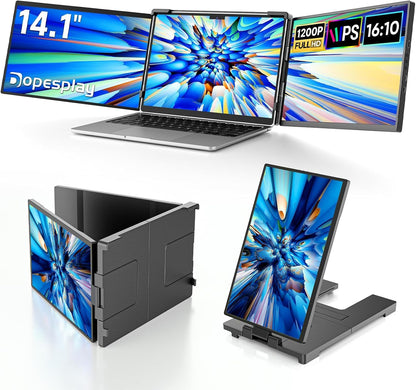 Dopesplay 2025 Newest 14.1" Laptop Screen Extender, 1200P FHD IPS Portable Monitor for Laptop, Triple Dual Monitor Compatible with Windows Mac Android Chrome Fits 13-17" Laptops