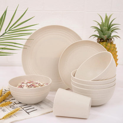 LIYH 32 Pcs Beige Wheat Straw Dinnerware Set for 8, Plastic Plates and Bowls Set, Unbreakable Dishes Set for 8, Dishwasher & Microwave Safe Reusable