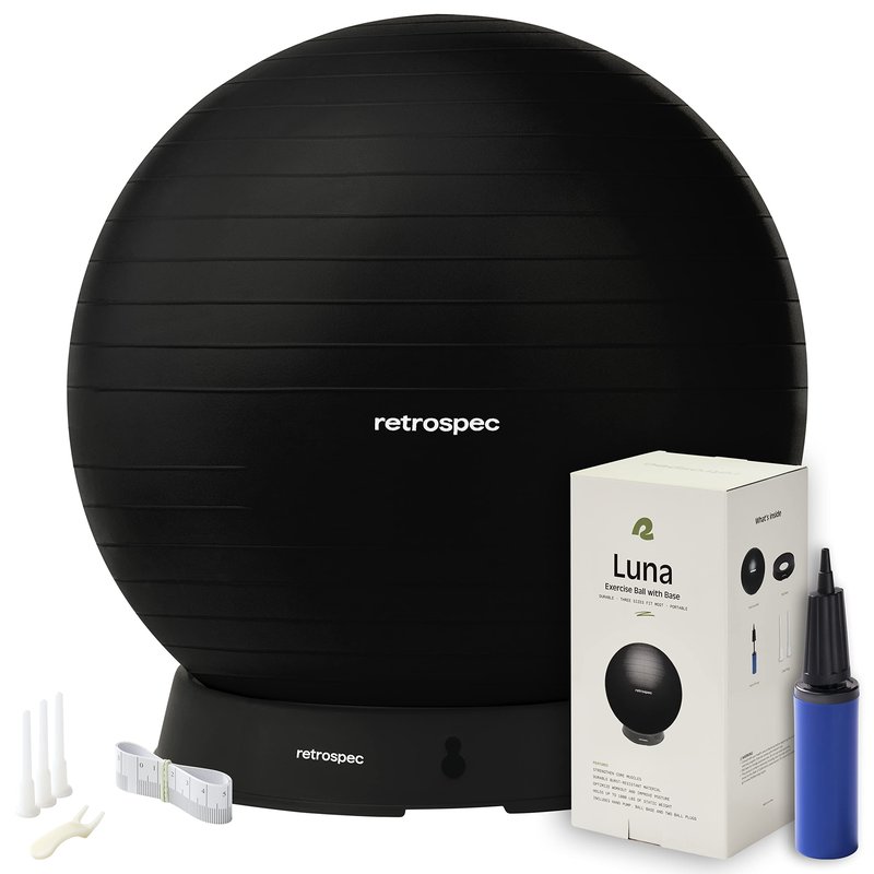 Retrospec Luna Exercise Ball - 55, 65, or 75cm Yoga Ball for Workouts, Stability, Pregnancy - Swish Balance Ball w/Pump & Base for Office & Home Gym, 65cm, Black