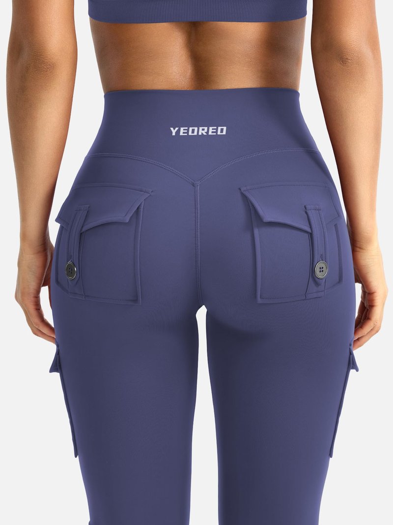 YEOREO CoreFlex Women Workout Flare Leggings with Pockets Hidden Scrunch High Waisted Cargo Gym Yoga No Front Seam Leggings Dark Blue XL